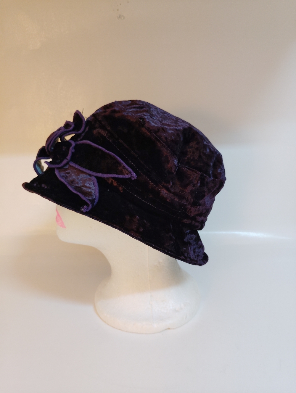 Velvet Floral Accent Cloche Hat in Deep Purple - Picture 2 of 10